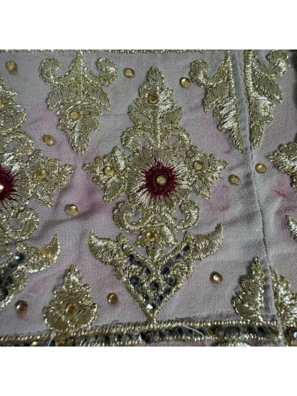 Patchwork Embroidered Table Runner Gold & Red Floral Bohemian Decor 72x16.5
